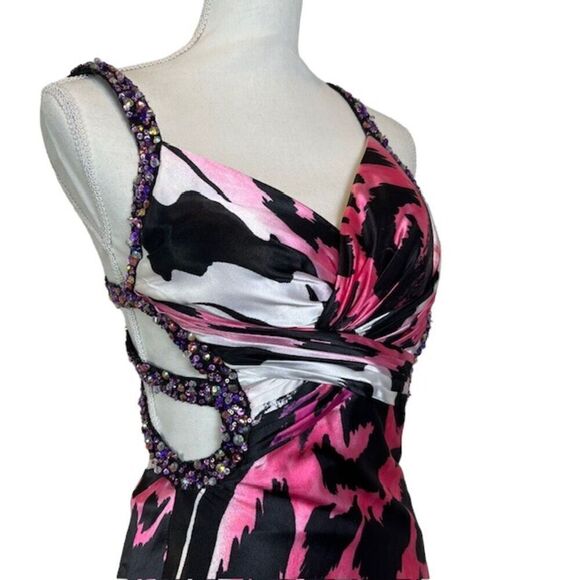 La Femme Formal Gown Sequin Strappy Animal Print Sexy Black White Pink Size 00 - Picture 2 of 16